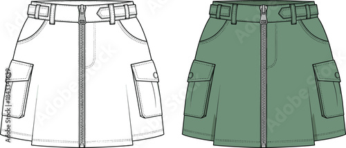 Women Cargo Mini Skirt Technical Drawing Front View with Belt Zipper and Utility Pockets Fashion Apparel Vector Illustration Design