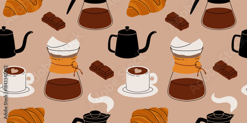 Seamless pattern of coffee accessories and brewing methods. Coffee machine, beans packaging, grinder, cup, cezve, geyser vector illustrations.