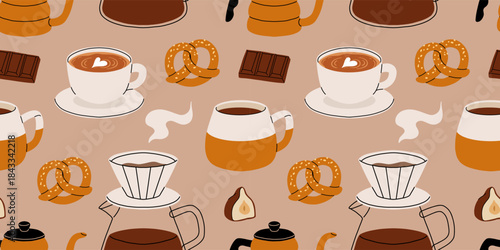 Seamless pattern of coffee accessories and brewing methods. Coffee machine, beans packaging, grinder, cup, cezve, geyser vector illustrations.