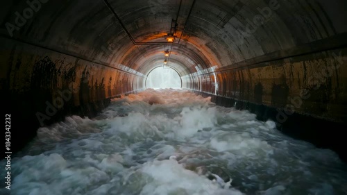 Underground concrete tunnel filled with fast flowing water illuminated by distant circular exit light