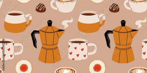 Seamless pattern of coffee accessories and brewing methods. Coffee machine, beans packaging, grinder, cup, cezve, geyser vector illustrations.