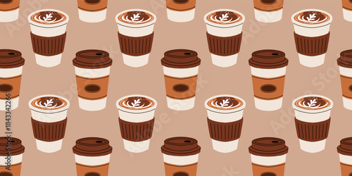 Coffee cups seamless pattern. Endless background, texture design with latte, cappuccino, hot caffeine drinks. Repeating print with cafe beverages. Flat vector illustration for decor, package, textile