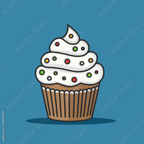 Vibrant and delicious cartoon cupcake with creamy white frosting and colorful sprinkles, perfect for any festive celebration, birthday party, or sweet treat illustration