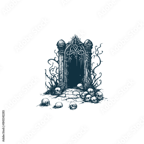 Dark and ominous illustration of an old, stone doorway overgrown with thorny vines and surrounded by a pile of human skulls