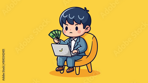Cartoon Businessman Sitting with Laptop and Money.