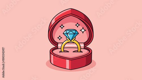 Cartoon Diamond Engagement Ring in Open Red HeartShaped Box.