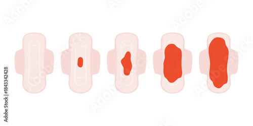 Illustrations of sanitary pads with varying levels of red liquid, indicating different menstrual flow amounts or absorbency, with additional red drops.