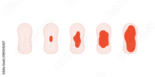 Illustrations of sanitary pads with varying levels of red liquid, indicating different menstrual flow amounts or absorbency, with additional red drops.
