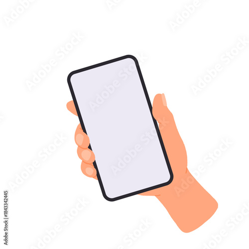 Hand holding a telephone. Empty screen, mobile app, phone mockup, application on touch screen device. Vector illustration isolated on white background.