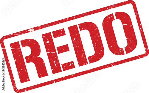 Distressed Red REDO Stamp on White Background, Rectangular Border, Grunge Texture Overlay
