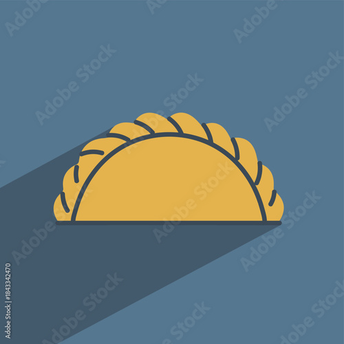 Modern flat design vector icon of a golden savory pastry, such as an empanada or pasty, with classic crimped edges and a sleek long shadow, perfect for food menus and cooking apps