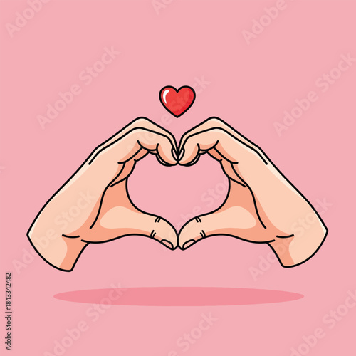 Cartoon hands making heart gesture with red symbol.
