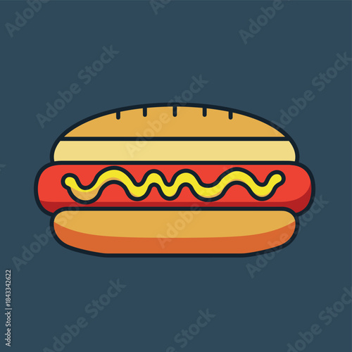 Illustration of a classic hot dog with mustard in a bun on a dark background