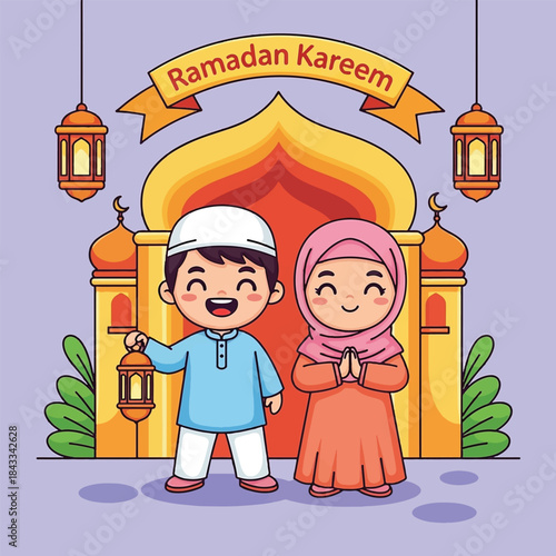 Cartoon Muslim children celebrating Ramadan Kareem with mosque and lanterns.