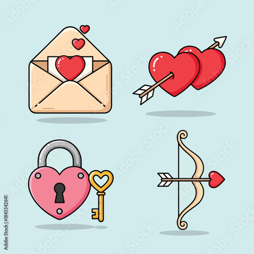 Cartoon Valentines Day Love Symbols Icons Set.