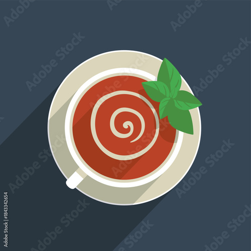 Modern flat design illustration of a red beverage with creamy swirl and green leaf in a white cup, top-down, with long shadow on a dark background