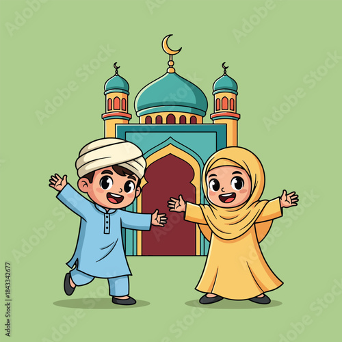 Cheerful cartoon Muslim children a boy and girl in traditional attire standing happily before a mosque.