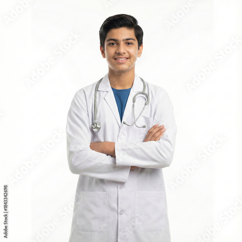 seventeen year old fair skinned indian boy in a doctor coat standing head to thigh with arms crossed expressing ambition confidence and future medical career goals