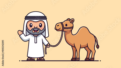 Cute Cartoon Arab Man in Traditional Dress with a Camel Illustration.