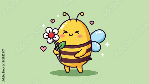 Cute cartoon bee character happily holding a flower with hearts.