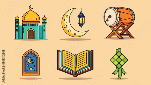 Colorful Islamic Ramadan and Eid Celebration Icons Collection.