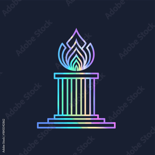 Vibrant iridescent flame icon atop a classic architectural pillar, symbolizing eternal wisdom, enlightenment, and the dawn of new understanding through modern holographic line art design
