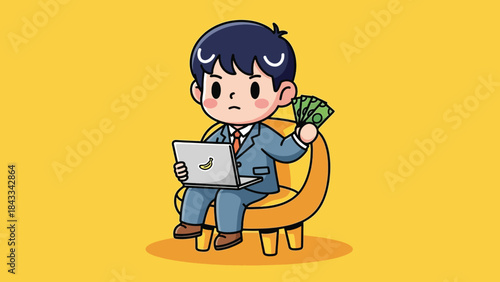 Cute cartoon businessman sitting on chair with laptop and money looking successful.