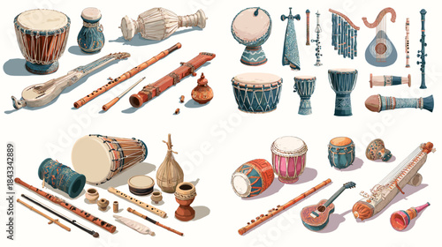 Set of traditional musical instruments including drums, flutes, string instruments, and percussion pieces illustrated with cultural and artistic detail.