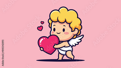 Cute Cartoon Cupid Character Holding Pink Heart with Wings.