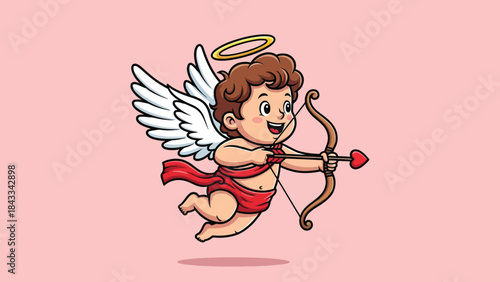 Cute cartoon Cupid angel with bow and heart arrow flying.