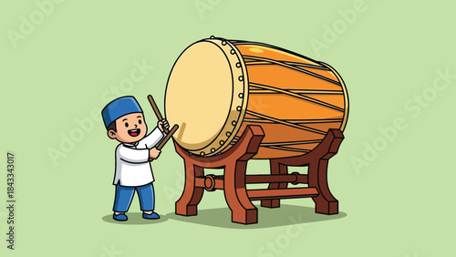 Cute cartoon Muslim boy playing a large traditional bedug drum with sticks.