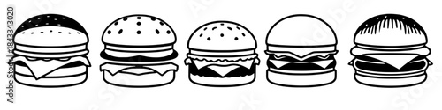 Burger Varieties in Line: A stylized, monochromatic illustration presents an enticing array of burgers in a row, showcasing different combinations of ingredients and buns. 