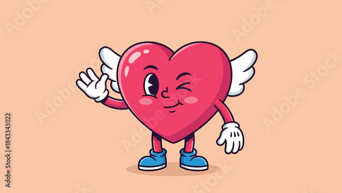 Cute cartoon red heart character with wings winking and waving.