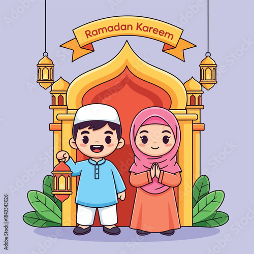 Cute cartoon Muslim children celebrating Ramadan Kareem with mosque arch and lanterns.
