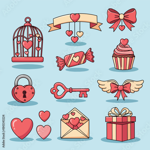 Cute Valentines Day love symbols collection with hearts key lock and gift box.