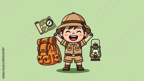 Happy cartoon boy explorer in safari outfit with backpack map and lantern.