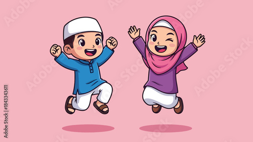 Happy cartoon Muslim children jumping together joyfully.