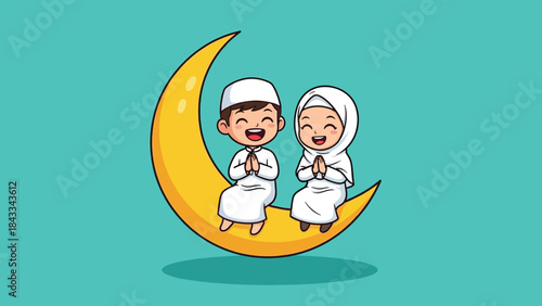 Happy Cartoon Muslim Children Sitting on a Golden Crescent Moon.