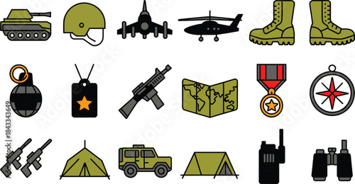 Military Equipment Icons Set, Army Gear Symbols, War Vehicle and Weaponry Collection for Design Projects