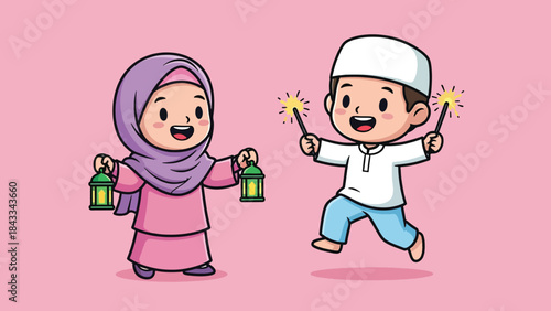 Happy Cartoon Muslim Kids Celebrating Eid with Lanterns and Sparklers.