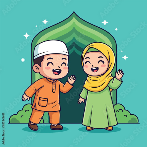 Happy cartoon Muslim children waving boy in kufi and girl in hijab celebrating Islamic culture.