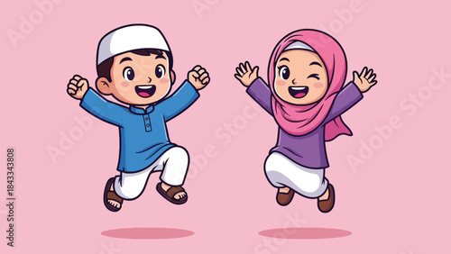 Happy Muslim children jumping boy in kufi girl in hijab celebrating joyfully.