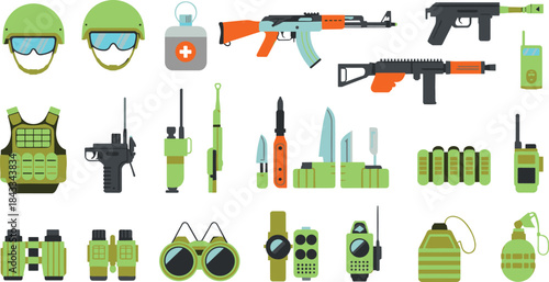 Military equipment icons, tactical gear set, weapons and survival tools, army accessories collection, combat essentials illustration, modern warfare gear vector pack