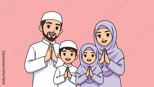 Happy Muslim family cartoon illustration greeting with father mother son and daughter.
