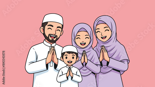Happy Muslim Family Greeting Together Illustration.