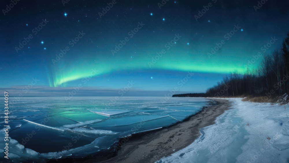 Naklejka premium Spectacular Northern Lights dancing over a frozen icy lake and snowy shore.