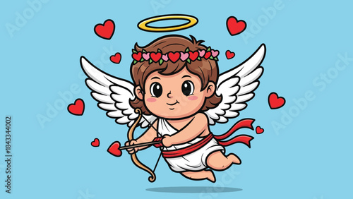 Sweet cartoon Cupid angel with wings halo bow and heart arrow surrounded by red hearts.