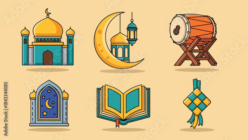 Vibrant Cartoon Islamic Ramadan Festival Elements Set.