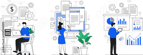 Office activity illustration, financial work, document management, data analytics, black and white vector, business technology concept, professional environment scenes