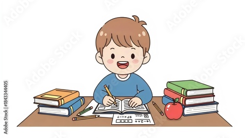 Boy Doing Homework at Desk with Books and Pencils Cute Vector Illustration